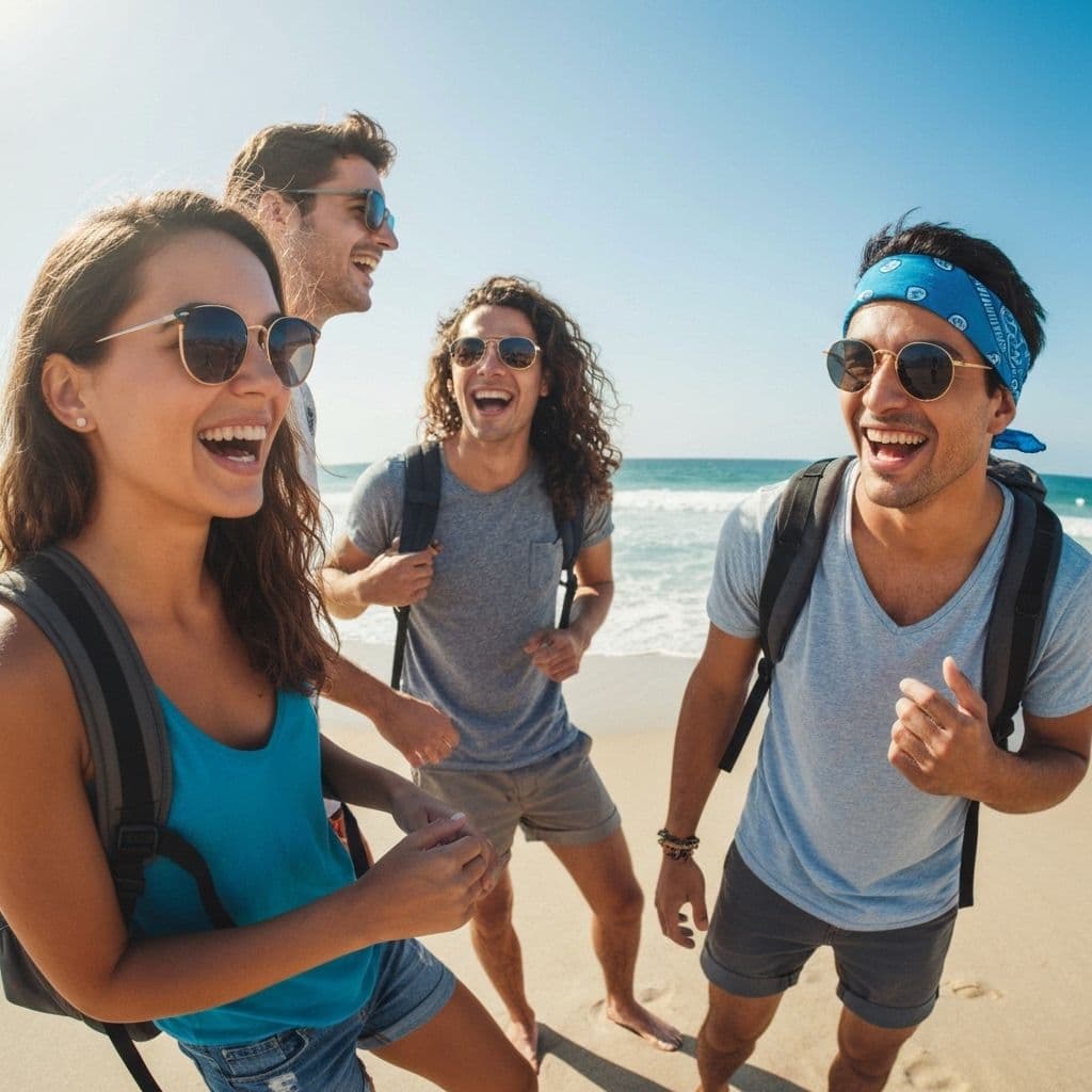 Young travelers at airport and beach